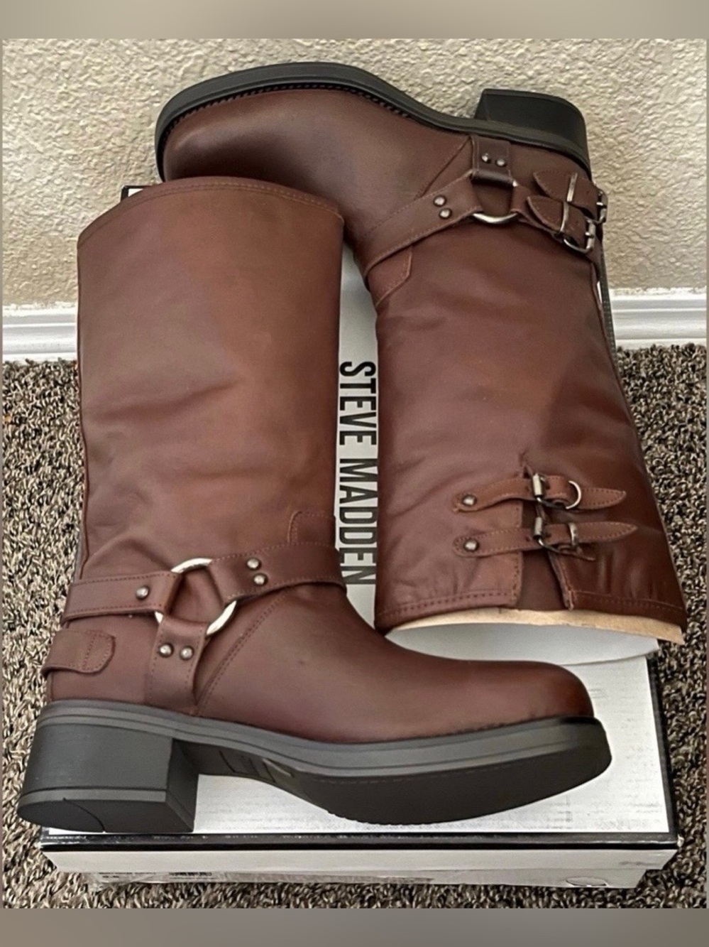 NWT Steve Madden Astor Brown Leather Harness Moto Boots Size 9
